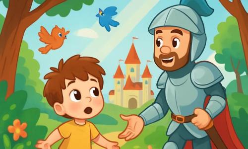 Un băiat de 4 ani, pe nume Andrei, cu ochi mari și strălucitori și păr castaniu în dezordine, stă în mijlocul unei păduri fermecate. Are o expresie uimită, cu gura ușor deschisă, descoperind o lume magică. Lângă el, un cavaler în armură strălucitoare, de aproximativ 30 de ani, cu o barbă brună și un zâmbet prietenos, îi întinde mâna pentru a-l invita să exploreze. Cavalerul stă puțin mai în spate, pregătit să-l ghideze pe Andrei spre castelul măreț care se află în depărtare. Locul este o pădure luxuriantă, plină de copaci înalți cu frunze verzi strălucitoare, flori colorate care dansează în vânt și raze de soare care străbat frunzișul, creând o atmosferă feerică. Situația principală arată cum Andrei și cavalerul se îndreaptă spre castel, cu păsări colorate zburând în jurul lor, în timp ce Andrei privește cu entuziasm castelul strălucitor, pregătit pentru o nouă aventură în timp.
