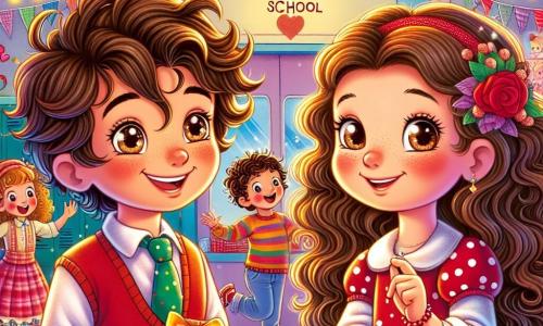 Un ragazzo di 10 anni, Marco, con capelli castani disordinati e occhi pieni di curiosità, si trova al centro della scena, con un grande sorriso sul volto, tenendo un piccolo pacchetto rosso tra le mani. Accanto a lui, Chiara, una ragazza di 10 anni con capelli lunghi e ricci, vestita con un bel vestito rosso a pois bianchi, guarda Marco con un sorriso timido e caloroso, le guance leggermente arrossate. Sullo sfondo, l'aula della scuola "Arcobaleno" è decorata con cuori di carta colorati, festoni scintillanti e palloncini fluttuanti, creando un'atmosfera festosa e gioiosa. La scena principale mostra Marco e Chiara che si scambiano sorrisi complici, circondati dai loro amici che ballano e ridono, celebrando la festa di San Valentino con biglietti e caramelle.