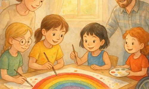 Sunt șase persoane: patru fete — una ~7 ani, părul brun prins în coză, tricou galben pătat cu vopsea, așezată la centru pictând jumătatea unui curcubeu pe o foaie mare; a doua ~8 ani, păr blond într-o împletitură, rochie verde, ochelari rotunzi, stânga ei, folosește un pensulă subțire pentru umbre; a treia ~6 ani, păr negru scurt, maiou albastru, zâmbet jucăuș, dreapta primei, adaugă litere zâmbitoare; a patra ~7 ani, păr roșcat creț, în scaun cu rotile colorat, în spate dreapta, întinde o paletă; o femeie adultă (~35 ani), mamă, păr șaten des prins, pulover bej, stă în picioare stânga, sprijină foaia și încurajează; un bărbat adult (~37 ani), tată, barbă scurtă, cămașă în carouri, mâini ușor vopsite, stă în spate dreapta, zâmbește și ține un borcan cu apă. Loc: bucătărie-atelier luminoasă cu masă mare din lemn deschis, ferestre cu lumină aurie, rafturi cu borcane de pensule și acuarele, o ceașcă de ceai aburind și câteva biscuiți, podea cu pete colorate de vopsea. Situație: scenă familială caldă în care părinții și cele patru fete pictează împreună un tablou comun cu patru curcubeie care se întâlnesc în centru; atmosferă blândă, gesturi de colaborare, stropi vii de vopsea (roșu, portocaliu, galben, verde, albastru, violet) și accente albe cu pix gel pentru luminozitate.