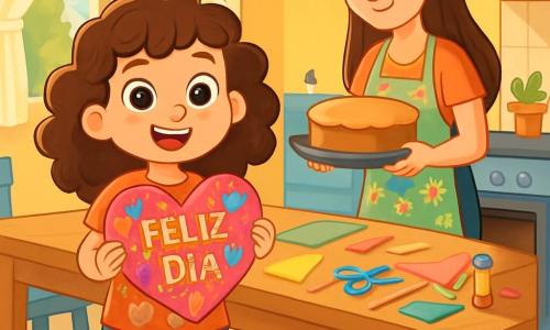 Una niña de 6 años, Maya, con cabello rizado y castaño, y grandes ojos brillantes de alegría, está de pie en una cocina luminosa. Lleva una camiseta con motivos de gatos y calcetines desparejados. Maya sonríe emocionada, sosteniendo un gran corazón de papel colorido decorado con brillos y palabras dulces. A su lado, su mamá, una mujer de unos 30 años con cabello largo y liso, lleva un delantal floral y tiene una mirada emocionada. Se encuentra cerca del horno, sosteniendo un pastel dorado, con el rostro radiante de felicidad. La cocina es espaciosa, con paredes amarillas soleadas, una gran mesa de madera en el centro cubierta de papel de colores, tijeras y pegamento, y rayos de sol que entran por una ventana con cortinas ligeras. Maya y su mamá están preparando una sorpresa para el Día de la Madre, rodeadas del aroma dulce del pastel recién horneado, creando una atmósfera cálida y alegre.