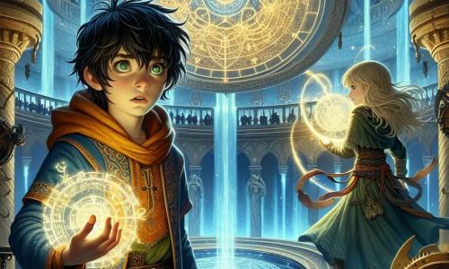 Un niño de 11 años, Iker, se encuentra en el centro de la escena, con el cabello negro desordenado y ojos verdes llenos de emoción. Lleva una túnica colorida con patrones mágicos y sostiene un Chronomir brillante en su mano, con un rostro que expresa determinación y asombro. A su lado, Lia, una niña de 10 años con cabello rubio y ojos azules, utiliza su magia para crear un escudo luminoso, con una expresión concentrada y valiente. La escena tiene lugar en la majestuosa sala circular del núcleo temporal de la Torre de Elara, con paredes adornadas con runas brillantes y un espejo central que refleja un flujo de eventos temporales. Iker y Lia se preparan para enfrentarse a una figura encapuchada que emerge de las sombras, amenazando con perturbar el flujo del tiempo. La atmósfera está cargada de energía, con destellos de luz y sombras danzantes, creando una tensión palpable en el aire.