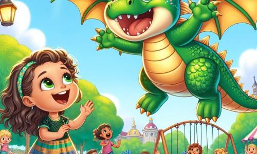 Un dragon numit Flăcăra, mic și drăgălaș, cu solzi verzi strălucitori și ochi în formă de smarald, își exprimă o mare bucurie zburând deasupra unui parc animat. Zâmbește larg, aripile sale desfăcute captând lumina soarelui. Lângă el, Mia, o fetiță de 8 ani cu părul brunet și creț, își ridică brațele cu uimire, înconjurată de copii care râd și se joacă pe jos. Poartă o rochie colorată și sandale, fiind chiar sub dragon, privindu-l cu admirație. Parcul este plin de flori colorate, copaci măreți și leagăne, creând o atmosferă veselă și primitoare. Scena arată cum Flăcăra se pregătește să coboare pentru a se așeza lângă Mia, gata să împărtășească prietenia și magia sa cu toți copiii prezenți.