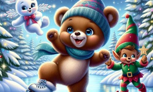 A small teddy bear named Benny, with soft brown fur, is at the center of the image, smiling with sparkling eyes of joy while skating on a frozen lake. Next to him, a little snowflake named Flurry, with delicate shimmering wings, twirls in the air, laughing with happiness. A small elf named Tinsel, wearing a pointed hat and colorful clothes, is decorating a nearby Christmas tree, his face glowing with excitement. The enchanting landscape features a snowy woodland with trees covered in sparkling snow and stars shining in a starry night sky. The scene exudes a festive and magical atmosphere, full of laughter and camaraderie, as Benny, Flurry, and Tinsel share a joyful moment, skating and dancing together, celebrating the spirit of Christmas under a starry sky.