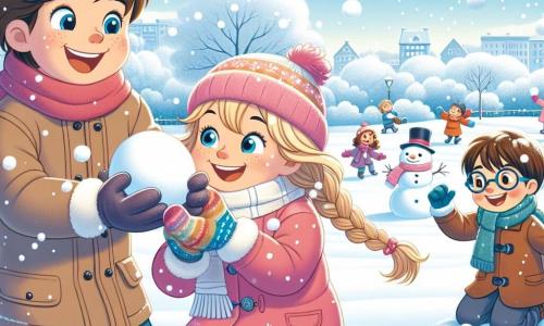 En un parque nevado, tres niños juegan alegremente. Lucas, un chico de 11 años con cabello castaño desordenado y ojos azules brillantes, está en el centro, riendo mientras lanza una bola de nieve. A su derecha, Ana, su hermana de 9 años, tiene el cabello rubio trenzado y lleva un abrigo rosa brillante, lista para atrapar una bola de nieve. A la izquierda, Mateo, un chico de 10 años con gafas y cabello castaño, está agachado, riendo, formando una bola de nieve con sus guantes coloridos. El parque está cubierto de un espeso manto de nieve brillante, con árboles cuyas ramas están cargadas de copos blancos, y el cielo es de un azul claro, salpicado de nubes esponjosas. En el fondo, niños construyen muñecos de nieve y otros se divierten deslizándose por una pequeña pendiente. La escena principal muestra a los niños en plena batalla de bolas de nieve, con rostros radiantes de alegría, mientras copos de nieve caen suavemente a su alrededor, creando una atmósfera mágica e invernal.