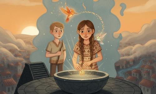 Główna dziewczynka: Izel, 12 lat, zdecydowane łagodne spojrzenie, odważna postawa, drobna sylwetka w tkanej sukience z motywem amarantusa, długie brązowe włosy w warkoczu, ręce nad małym okrągłym amuletem świecącym złotym światłem; spokojne wzruszenie na twarzy, wilgotne lecz uśmiechnięte oczy. Drugi chłopiec: Tlakotzin, ok. 13 lat, nieco niezdarny lecz lojalny, krótkie włosy, jasna skóra, trzyma prowizoryczny kij, stoi po lewej na schodach, zaskoczony i rozczulony. Mały nie-ludzki towarzysz: Posłaniec, malutki ptak o jasnych opalizujących piórach na prawym ramieniu Izel, delikatne światło wokół niego. Drugi nie-ludzki: Koliber-ognik, mały koliberek z pomarańczowych płomieni nad amuletem, za nim świetlista smuga popiołu. Symboliczna postać: Obłok Bez Imienia, przezroczysta chmura za grupą, falujące kształty i zarys twarzy, wrażliwa i uspokojona, szaro-niebieska z jasną pękniętą linią emitującą ciepłe światło. Miejsce: szczyt wielkiej czarnej kamiennej piramidy, szeroka okrągła platforma z dużą pustą kamienną wazą, miasto z dachami i ciemnymi kanałami poniżej, pierwsze pomarańczowe światło słońca na horyzoncie. Sytuacja: Izel wkłada amulet do wazy; złota poświata wznosi się promieniami przecinając mgłę; towarzysze obserwują; scena pokazuje przejście nocy w świt, magiczna i spokojna atmosfera. Styl: gwasz o nasyconych, matowych kolorach, widoczne pociągnięcia pędzla, wyraźne faktury kamienia i tkanin, ciepłe oświetlenie twarzy, kompozycja czytelna i przyjazna dzieciom.