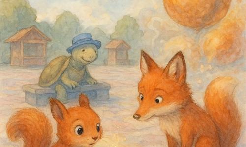 Koosje, een roodbruin eekhoorntje met zacht vachtje en glanzende ogen, kijkt verwonderd en houdt voorzichtig een fonkelend kiezelsteentje; Lila, een roodgekleurd vosje met pluimstaart, staat rechts bezorgd maar nieuwsgierig te kijken; op de achtergrond zit een oude schildpad met blauwe hoed op een stenen bank, vriendelijk als gids. Het is de Tijd-Tram Esplanade, een groot pastelgekleurd plein met zilveren zwevende aërotrams, houten kiosken en reusachtige gouden hazelnoten als ballonnen; het steentje begint te gloeien en laat de noten trillen — vloeiende kleuren, wentelende lichtjes en kleine tijdstoombubbels — een magisch, niet-eng beeld van tijdreizen