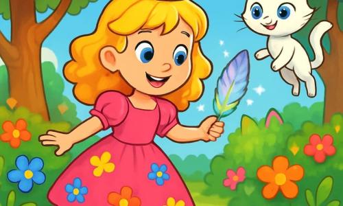 Die Prinzessin Leonie, ein Mädchen mit goldenen, lockigen Haaren, trägt ein strahlend rosa Kleid, das mit bunten Blumen verziert ist. Sie hat ein großes, fröhliches Lächeln und funkelnde Augen vor Aufregung, während sie in einem verzauberten Garten steht, umgeben von bunten Blumen und schimmernden Bäumen. An ihrer Seite schwebt Mimmi, eine kleine weiße Katze mit strahlend blauen Augen, anmutig in der Luft, ihre zarten Pfoten schweben wie Federn. Sie hat einen schelmischen Ausdruck und ist bereit, Leonie in ihrem Abenteuer zu ermutigen. Im Hintergrund ist der Garten mit großen, knorrigen Bäumen und blühenden Sträuchern gefüllt, während ein klarer, sonniger blauer Himmel die Szene erhellt. Die Hauptsituation zeigt Leonie, die eine wunderschöne, funkelnde Feder aufnimmt, die in tausend Farben glänzt, während Mimmi sie neugierig beobachtet, bereit, sie bei ihrer nächsten großen Herausforderung zu begleiten.