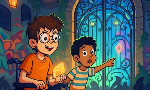 Hay 2 personajes principales: Elías, un chico de 12 años con cabello castaño desordenado y gafas redondas, sentado en una silla de ruedas decorada con calcomanías coloridas, sosteniendo una piedra luminosa; y Andrés, un chico de 12 años con cabello negro y rizado, vestido con una camiseta a rayas y un short, de pie junto a Elías, con los ojos abiertos de asombro, señalando un portal mágico que se abre ante ellos. La escena transcurre en una vieja estación de tren abandonada, con paredes cubiertas de hiedra y grafitis brillantes. Linternas flotantes iluminan el espacio, mientras un gran portal de hierro forjado, decorado con símbolos brillantes, emite una luz suave y colorida. Sombras misteriosas bailan a su alrededor, creando una atmósfera mágica e intrigante. La historia muestra a Elías y Andrés, fascinados y valientes, frente al portal central que conduce a un mundo fantástico, listos para enfrentar criaturas mágicas y proteger el equilibrio entre su ciudad y este universo oculto.