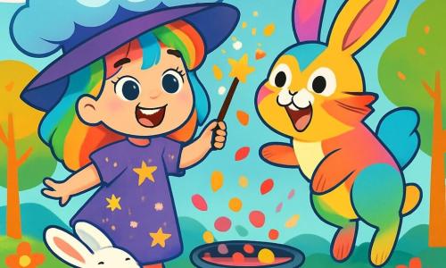 Una giovane strega di nome Lulù, con i capelli color arcobaleno e un grande cappello a forma di nuvola, sorride gioiosamente mentre agita la sua bacchetta magica. Indossa un vestito viola decorato con stelle scintillanti e i suoi occhi brillano di eccitazione. Accanto a lei, un piccolo coniglio bianco di nome Pompom, con occhi scintillanti e un sorriso birichino, salta felicemente intorno a lei, diventando un coniglio gigante dai colori vivaci. Sullo sfondo, si estende una foresta incantata, piena di alberi con tronchi dorati e fiori danzanti che brillano sotto un cielo azzurro chiaro punteggiato di nuvole soffici. La scena mostra Lulù e Pompom mentre preparano un'incantesimo magico, con bolle colorate che si alzano dal calderone, mentre una pioggia di petali di fiori colorati cade intorno a loro, creando un'atmosfera gioiosa e incantevole.