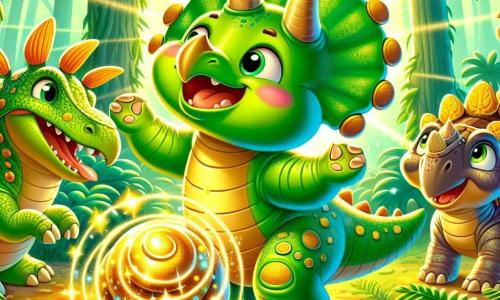 Wesoły triceratops o imieniu Tiko, z błyszczącą zieloną skórą i trzema ostrymi rogami, tańczy z szerokim uśmiechem na twarzy. Jego oczy błyszczą z ekscytacji, gdy dotyka pięknego, złotego korka, który mieni się wokół niego. Obok niego przyjazny stegozaur o imieniu Stegu, z kolorowymi płytkami na grzbiecie, śmieje się, obracając się wokół, podczas gdy mały ankylozaur o imieniu Lula, z brązowym pancerzem i błyszczącymi oczami, patrzy na nich z zachwytem, gotowa do dołączenia. Scena rozgrywa się w gęstej, bujnej dżungli, pełnej dużych zielonych paproci, jaskrawych kwiatów i promieni słońca przebijających się przez liście. Troje przyjaciół radośnie tańczy wokół magicznego korka, tworząc atmosferę szczęścia i przyjaźni w tym prehistorycznym świecie.