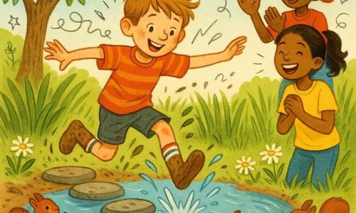 An energetic, determined 8-year-old boy with tousled light brown hair and flushed cheeks, wearing striped socks and muddy shorts, hops on one foot with arms out for balance, smiling and focused; his about-12-year-old sister, hair in a ponytail and wearing a yellow T-shirt, stands on the right bank laughing with hands clasped watching him, while a roughly 10-year-old neighbor boy in a backward red cap and jeans jumps and applauds slightly behind her. Small lively reddish-brown squirrels hold hazelnuts near flat stones at the water’s edge. The scene is a shimmering round pond surrounded by tall green grasses, gray stepping stones in a zigzag path, a carpet of white daisies, an apple tree to the left and a light cloud in a blue sky. Main action: a joyful, comic challenge as the boy successfully hops around the pond on one foot, avoiding shiny mud, falling leaves and a splashing puddle while friends and animals cheer; dynamic composition, vivid colors, strong contrasts and visible textures (mud, sparkling water, animal fur).