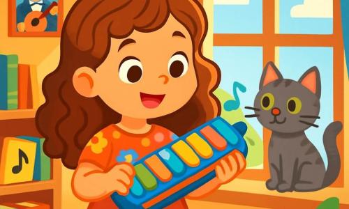 A young girl, Melody, stands by a large window, her eyes shining with curiosity and excitement. She has long, curly, golden-brown hair and wears a pretty dress with colorful flowers. In her hands, she holds a mysterious instrument, vibrant in color with sparkling buttons, which she examines with a delighted smile. Next to her, her cat, Whiskers, a small gray feline with sparkling green eyes, sits on the windowsill, ears perked up, intrigued by the amusing sounds the instrument makes. The scene takes place in a sunny room filled with music books, posters of famous musicians, and green plants that add a touch of freshness. Sunlight illuminates the room, creating a joyful and warm atmosphere. Melody, full of enthusiasm, tries to play a melody on her new instrument, her fingers dancing over the colorful buttons, while Whiskers seems to dance to the rhythm of the funny sounds.