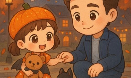 A cozy, non-scary Halloween night in chibi-kawaii style: a joyful, slightly shy 4-year-old girl with big bright eyes, pink cheeks and brown pigtails wearing a glittering pumpkin hat, an orange polka-dot dress and boots, holding a teddy named Mr. Button (cute stitched face, black bat cape) and reaching to pet a tiny black kitten with fluffy fur and large green eyes rubbing her shoe; her smiling, reassuring father of about 30 in a blue jacket and jeans crouches beside her holding her hand protectively; they stand on a neighborhood sidewalk with lit jack-o'-lanterns, orange garlands, white ghost balloons, falling red and yellow leaves and warm lamplight, warm colors, soft contrasts, clear lines and plush textures.