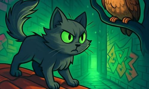 Um gato cinza com olhos verde-elétrico, Léo, está em um telhado de telhas brilhantes, com o vento agitando seu pelo sedoso. Ele tem uma expressão curiosa e determinada, pronto para explorar o desconhecido. Dona Amélia, a coruja sábia, empoleirada em um galho de árvore torto, observa a cena com olhos redondos e dourados, parecendo pronta para dar conselhos a Léo. O local é um beco misterioso, iluminado por um brilho verde cintilante, com paredes cobertas de grafites coloridos e pedras molhadas que refletem a luz. Sombras dançam ao redor, criando uma atmosfera mágica e intrigante. A situação principal mostra Léo hesitando em descer do telhado para explorar o beco, atraído pelo sussurro misterioso, enquanto Dona Amélia o encoraja de seu poleiro, criando um momento de tensão e excitação.