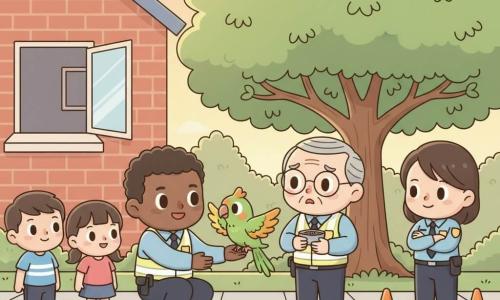 A smiling male police officer in his thirties, with gentle eyes, kneels in a simple light-blue uniform and reflective vest, reaching out slowly toward Mango, a vivid green parrot with yellow feathers and a small orange spot on its head perched on a low branch with wings half-open; an elderly man of about 70 with gray hair and round glasses stands just behind a tree holding a small dish of seeds, relieved and moved; a female officer of about 30 stands to the right with arms crossed placing two orange cones on the sidewalk; a boy of about 8 and a girl of about 7 watch from the sidewalk to the left, smiling with wide eyes; location: a quiet residential street at sunrise with a paved sidewalk, a red-brick house with an open window, a large green maple behind the sidewalk and a soft peach sky; situation: a calm, gentle rescue where the officer uses patience and slow gestures to help the owner recover the parrot, warm reassuring atmosphere, pastel colors, rounded contours and golden morning light.