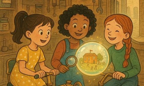 Three girls, each about eight: a brown-haired girl in a yellow polka-dot dress with a ponytail sits on the Repair Cycle's glass-and-brass seat holding the handlebars and looking forward in wonder (left); a redheaded girl with braided hair and a green sweater pedals gently to the right of the seat, smiling at a glowing "laugh bubble" floating before them (right); and a curly-haired black girl in a blue overall with a jam stain holds a small metal magnifying glass pointed at the floating laugh bubble placed between them (center, slightly forward). They are in a warm workshop of patinated wood walls, shelves of labeled jars ("Yesterday," "Minutes") and coils of light, a large purring round clock, brass tools, a round window showing a sunny alley, and a worn clock-patterned rug on wooden boards. The three girls, smiling and focused, use the glass-and-brass Repair Cycle to return a small translucent, iridescent laugh bubble that emits tiny yellow sparks and contains a miniature schoolyard scene to a hook labeled "Recess 2:07"; the atmosphere is soft and luminous with warm ochre, copper and fir-green tones and paper-newspaper textures.
