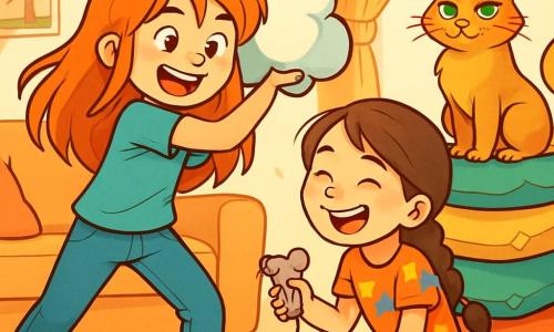 There are three characters: Lucy, a 10-year-old girl with messy long red hair, freckles on her nose, and a mischievous smile, standing in the center holding a cloud-shaped pillow ready to throw it; Sophie, a 7-year-old girl with a long brown braid, sparkling mischievous eyes, and a colorful star t-shirt, crouching next to Lucy, laughing while holding a small mouse-shaped toy; and Mr. Paws, a fluffy orange cat with bright green eyes and a proud demeanor, perched on a pillow atop a small pile of cushions, looking at the girls with a regal air. The setting is a cozy living room with a large plush sofa, colorful cushions scattered on the floor, and toys in disarray. Soft sunlight filters through the curtains, illuminating the walls decorated with children's drawings and family photos. The main scene shows the girls playing 