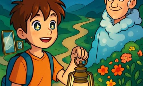 A 12-year-old boy named Elio, with messy brown hair and bright star-like eyes, stands at the edge of a mysterious path. His face shows wonder and curiosity as he holds an old golden lantern illuminating his way. Next to him, a wise character around 70 years old, dressed in a robe made of clouds, smiles gently. He stands near a lush garden, surrounded by vibrant flowers and shimmering plants, as if he is the guardian of nature's secrets. The setting is an enchanted valley with a deep blue sky dotted with twinkling stars. Verdant hills stretch as far as the eye can see, and a winding path is lined with mirrors reflecting memories and dreams. The main situation shows Elio hesitating between three paths, each representing a different adventure. He gazes in fascination at the sparkling mirrors, the magical garden, and the calm river, while the lantern casts a soft golden light, illuminating his face full of wonder.