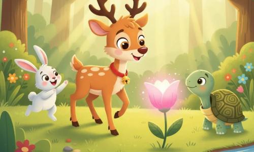 A small smiling, curious reindeer with light brown fur mottled with cream, big shiny round eyes and a small golden bell on a red collar trots toward a glowing flower with a slight look of wonder; a peaceful green turtle with an olive shell and yellow markings stands by the stream to the right, tilting its head to watch; an excited white rabbit with long pink ears hops to the left waving its front paws; they are in a sunny forest clearing with tender grass, sunbeams through leaves and a sparkling stream, and the three friends are gathered around a large magical flower emitting a soft pink glow and gentle vibrations, listening in awe.