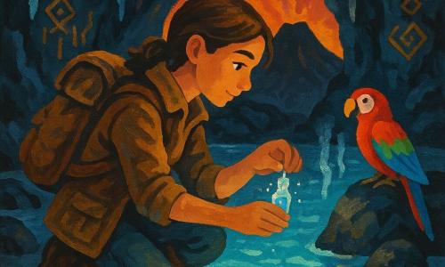 Young female explorer, about 25, sun‑kissed skin, braided brown hair, worn leather jacket and backpack, kneeling at the edge of a glowing lake in a vast volcanic cavern as she fills a small sparkling glass vial; a colorful parrot (red, blue, green) perched on a nearby rock to the right watches her; black rough cave walls with crystalline stalactites and stalagmites, silver‑blue reflections on the water, faint luminous steam, faintly glowing golden geometric symbols on the walls; soft magical lake light, strong contrast between dark rock and luminous water, sharp textures; close framing centered on the woman and vial, parrot in right profile, depth showing the cavern's scale and a dark volcanic entrance in the background.