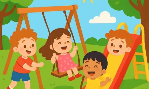 There are 4 children: Sam, a 6-year-old boy with curly hair and fair skin, wearing a red t-shirt and blue shorts, is pushing Mia on the swing. Leo, a 5-year-old boy with straight hair and tanned skin, dressed in a yellow t-shirt and green pants, is sitting on a swing, laughing with Sam. Max, a 6-year-old boy with wavy hair and fair skin, wearing a light blue t-shirt and orange shorts, is sliding down the slide with a big smile. Mia, a 5-year-old girl with long brown hair and fair skin, dressed in a pink floral dress, is playing with Sam and Leo on the swings. The setting is a large green park filled with majestic trees with bright green leaves, colorful flowers with shiny petals, and a clear blue sky dotted with fluffy white clouds. In the background, there is a bright red slide and wooden swings. The main scene shows the four friends joyfully playing together, laughing and having fun on the swings and slide, symbolizing friendship and diversity in a sunny and welcoming environment.