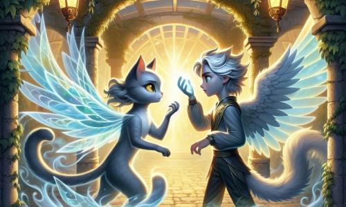 Lira, a beautiful gray cat with bright eyes, stands proudly at the center of an ancient courtyard, her determined and curious gaze fixed on a mysterious shimmering mirror. Beside her, Zephyr, an ethereal creature with luminescent wings, wears a focused expression, his hair floating like clouds of light as he raises his hands to chant magical words. The courtyard is surrounded by stone walls covered in ivy, with ancient lanterns casting a soft golden light, creating a mystical yet warm atmosphere. The main scene shows Lira and Zephyr united in a crucial moment as they conjure together to close a magical rift threatening to unleash chaos in their world.