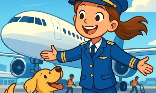 Zoë, een 10-jarig meisje, draagt een felblauw pilotenuniform met gouden schouderstukken en een grote glimlach op haar blije gezicht. Haar kastanjebruine haar is in een paardenstaart vastgebonden, die lichtjes in de wind waait. Ze staat voor een glanzend vliegtuig met haar armen open, klaar om de lucht in te gaan. Naast haar springt Max, haar kleine hond met gouden vacht en sprankelende ogen, vrolijk op en neer, zijn staart kwispelend van opwinding. Hij zit op de grond en kijkt met bewondering naar Zoë. De locatie is een drukke luchthaven met een stralende blauwe lucht en donzige witte wolken. Op de achtergrond bereiden andere vliegtuigen zich voor om op te stijgen, terwijl technici in uniform druk in de weer zijn rondom de toestellen. De hoofdscène toont Zoë, vol enthousiasme, klaar om aan boord van haar vliegtuig te gaan, terwijl Max haar aanmoedigt met blije blafgeluiden, wat een sfeer van avontuur en geluk creëert.
