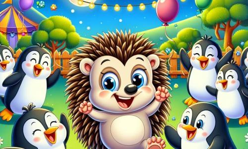 Un pequeño erizo llamado Enrique, con espinas marrones y una cara sonriente, baila alegremente en el centro del escenario, con sus patitas levantadas en el aire, expresando gran emoción y curiosidad. A su lado, un grupo de pingüinos divertidos, con sus plumas negras y blancas, saltan y bailan en círculo, sus ojos brillando de alegría, mientras una pingüina llamada Pinguina, con un bonito lazo rojo en la cabeza, aplaude con entusiasmo. Al fondo, la escena transcurre en un zoológico colorido, iluminado por la luna, con recintos de animales, árboles verdes y estrellas brillantes en un cielo nocturno. La situación principal muestra a Enrique y sus amigos en una fiesta, bailando y riendo juntos, rodeados de globos coloridos y guirnaldas luminosas, creando un ambiente festivo y alegre.