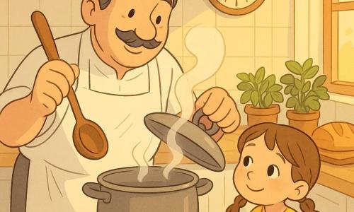 Un bărbat, chef Radu, zâmbitor și binevoitor, cu față rotundă și păr gri-închis pieptănat pe spate, poartă un mare șorț alb puțin șifonat și o căciulă scurtă; ține o lingură mare de lemn lucioasă și ridică un capac mic din care iese abur. O fetiță de 6 ani, cu părul brun în două codițe și rochie galbenă cu buline albe, îl privește cu admirație și își spală mâinile într-un bol pe masa de lemn. Un ceas de perete rotund din lemn, la înălțimea copilului, se vede în spatele chef-ului. Bucătăria este caldă și luminoasă: blat din lemn deschis, faianță albă, vase de lut cu busuioc și verdeață, o pâine pe tocător și lumină aurie prin fereastră. Situația principală: chef-ul ridică capacul aburind pentru a-i arăta mâncarea micuței, gest blând și pedagogic; atmosferă tandră, culori calde și texturi lemnoase.