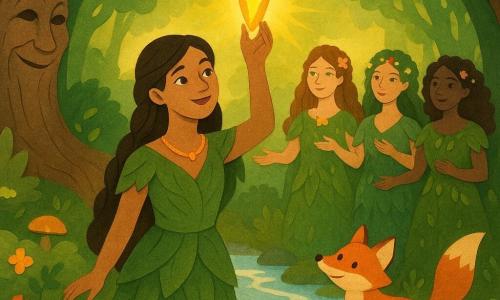 Maëlys, adolescente de cerca de 16 anos, rosto doce e determinado, olhos brilhantes, longos cabelos castanhos trançados, veste um vestido verde e colar de âmbar, ergue um cristal dourado luminoso ao céu com expressão calorosa e confiante; à sua direita pula Lua, uma pequena raposa ruiva e viva de olhos maliciosos; atrás dela, em semicírculo, três dríades jovens (20–30 anos) em vestidos de folhas e flores, cabelos ornados de pétalas, mãos abertas oferecendo magia; à esquerda, Avô Tronco, um grande carvalho antigo com casca enrugada e olhos sábios, ramos formando um arco sobre a cena; cenário na margem de um pequeno rio prateado pela manhã, água límpida e cintilante, pedras cobertas de musgo, tapete de flores coloridas, árvores altas com hera e cogumelos luminosos, luz dourada filtrando pelas folhas; Maëlys usa o Cristal da Alvorada para curar o rio — uma aura dourada e verde se espalha em ondas, fazendo as plantas florescerem e iluminando os rostos; atmosfera mágica, pacífica e alegre, paleta quente e natural, texturas de papel recortado, contornos nítidos e sombras suaves.
