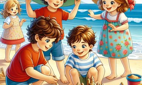 In primo piano, Luca, un bambino di sei anni con capelli castani e ricci, indossa una maglietta rossa e pantaloni corti blu. Sta costruendo un castello di sabbia, concentrato e sorridente. Accanto a lui, Marco, un altro bambino di sei anni con occhiali e un grande cappello verde, tiene un secchiello e aiuta Luca aggiungendo sabbia. Più in là, Giulia, una bambina di sei anni con lunghe trecce bionde, indossa un vestito a fiori e ammira il castello alzando le braccia con entusiasmo. Infine, Sara, una bambina di sei anni con un bel cappello di paglia e un vestito blu, è seduta sulla sabbia, dipingendo un paesaggio marino su una tela. Il luogo è una spiaggia soleggiata, con un mare blu brillante che scintilla sotto il sole. Ombrelloni colorati sono piantati sulla sabbia dorata e conchiglie sono sparse intorno ai bambini. Sullo sfondo, si vedono onde dolci che lambiscono la riva, mentre gabbiani volano nel cielo azzurro. La scena principale mostra i bambini che si divertono insieme, creando ricordi estivi indimenticabili, circondati da risate e gioia, simboleggiando l'amicizia e l'avventura di una giornata perfetta in spiaggia.