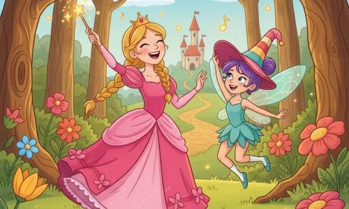 Prințesă zâmbitoare și veselă, păr blond împletit, rochie roz cu volane și mică coroană aurie, ridică în mâna dreaptă o baghetă magică strălucitoare și râde; zână mică cu aripi translucide bleu-verzui, față ștrengărească și păr violet prins într-un coc, sare în aer lângă prințesă agitând o pălărie mare colorată cu dungi; amândouă în centrul scenei, prințesa stând pe un covor de iarbă verde, zâna ușor în zbor la dreapta ei, fundal pădure fermecată cu copaci cu trunchiuri răsucite, flori supradimensionate multicolore, licurici galbeni plutitori și un drum pavate care duce spre un mic castel cu acoperișuri roșii în depărtare; scenă jucăușă și dinamică, personaje dansează și râd, note muzicale și scântei în jurul baghetei, culori vii, contraste puternice și linii moi potrivite pentru o carte pentru copii.