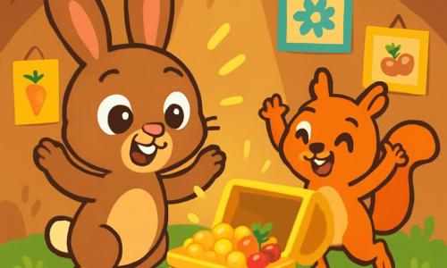 A little brown bunny named Benny, with big bright eyes and long ears, looks in awe at a golden treasure chest opening before him. He has a joyful smile and his paws are raised, as if about to jump with happiness. Next to him, Pip, a squirrel with reddish fur and sparkling eyes, is jumping for joy with his arms raised. He has a small fluffy tail and a curious expression, standing right next to Benny, sharing in his excitement. The setting is a magical room filled with soft green moss and earthen walls, adorned with colorful images of carrots, flowers, and fruits. Soft light filters through a small hole in the ceiling, illuminating the sparkling chest at the center of the room. The main scene shows Benny and Pip discovering the hidden treasure together, surrounded by little golden carrots and delicious berries, with expressions of surprise and happiness on their faces.
