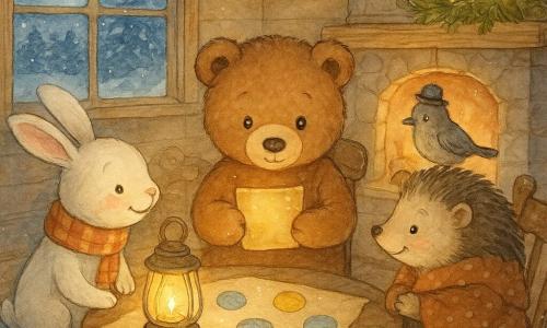 A small real brown teddy bear (main character) with a round face and soft eyes, tender and slightly shy expression, delicately holding and reading a golden ticket by the warm glow of a lamp; to his left sits a small white bunny (Poppy) with one ear up, wearing an orange striped scarf and a mischievous smile, leaning forward to listen; on the right perches a gray sparrow (Mr. Finch) with slightly ruffled feathers and a tiny crooked hat, tilting toward the group; a gentle old hedgehog (Mrs. Hedge) in a polka-dot coat with a basket of rolls on her lap sits near the fireplace with hands clasped; the cozy wooden chalet room has light plank walls, knitted rugs, a dark round wooden table covered with a large sheet of cardboard dotted with colored stickers (blue, yellow, green, silver), popcorn garlands and a small decorated fir branch with warm lights; the window shows a snowy garden and a round moon casting bluish reflections on the snow; overall an intimate, warm scene of the bear reading a precious keepsake to friends around a table and glowing map, calm, soft, and curious.