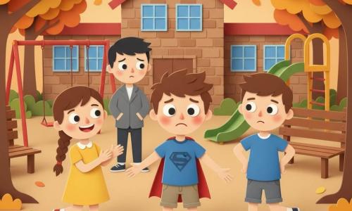 An 8-year-old boy, timidly brave, flushed cheeks, big bright eyes, messy light-brown hair, wearing a blue T‑shirt with a drawn cape and khaki shorts, reaching out to invite another child to play, standing center; an ~11-year-old boy (Jake), surprised then ashamed, closed expression, short dark hair, grey jacket, near the swings slightly back; an 8-year-old girl (Nicole), encouraging, confident smile, brown braid, in a yellow dress to the left, gently clapping; an 8-year-old boy (Max), supportive, hands on hips, short haircut, to the right, ready to run; schoolyard with light-brown ground, colorful playground (red swings, green slide), wooden benches, autumn trees with orange and yellow leaves and a brick school building with square windows in the background; main scene: a moment of reconciliation—children running and laughing, open gestures, soft late-afternoon light, warm contrasted colors, simple composition, clear silhouettes, layered paper-cut look, soft shadows and kind readable expressions.