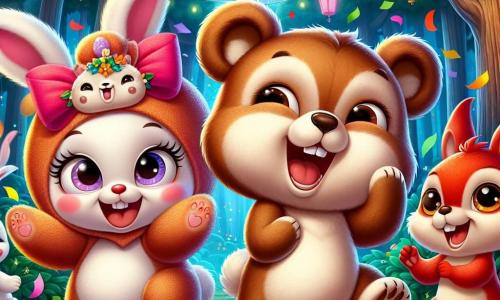 No centro da imagem, um adorável ursinho marrom chamado Bubu, com pelagem macia e olhos brilhantes de alegria, dança entusiasticamente sob uma chuva de confetes coloridos. À sua direita, uma coelhinha branca chamada Lili, com grandes orelhas e um laço rosa no cabelo, aplaude com um sorriso radiante, cercada por flores vibrantes que usou para decorar a clareira. À esquerda, um esquilo travesso chamado Tico, com uma cauda espessa e olhos travessos, segura uma noz nas patas, rindo de coração enquanto pula no lugar. Ao fundo, uma majestosa clareira da floresta mágica, iluminada por lanternas coloridas penduradas nas árvores, com estrelas cintilantes no céu noturno, criando uma atmosfera festiva e acolhedora. A cena mostra Bubu e seus amigos celebrando alegremente o Ano Novo, dançando juntos, cercados de risos e felicidade, prontos para compartilhar suas resoluções sob um céu estrelado.