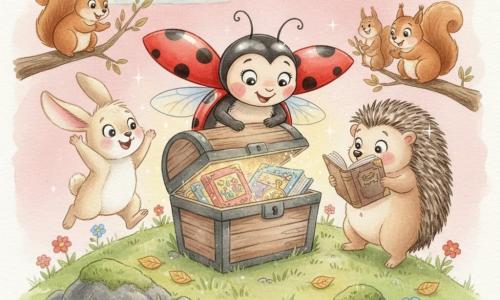 Lulu, o buburuză roșie strălucitoare cu pete negre, zâmbește încântată, aripile pe jumătate pliate, așezată pe marginea unei valize vechi din lemn pe care o deschide delicat cu lăbuțele; Toto, un iepuraș mic cu urechi lungi crem și blană pufoasă, sare vesel în stânga valizei cu lăpturile ridicate, privind comorile care țâșnesc; Spike, un arici rotund cu țepi maronii moi, stă în dreapta, curios și uimit, mirosind o carte cu colțuri tocite; în jur, veverițe se joacă în fundal pe crengi apropiate, aplaudând zâmbind; vârful Muntelui Zâmbitor: pajiște cu flori sălbatice colorate, stânci mușcate, un covoraș mic de frunze aurii și un cer pastel roz cu câțiva nori pufoși; valiza deschisă dezvăluie cărți vechi cu coperți iltrate și jucării magice sclipitoare, o lumină caldă răsărind din interior și luminând fețele uimită ale prietenilor; stil vizual: acuarelă delicată, texturi granulare de hârtie, accente cu pix gel alb pentru reflexii pe carapacea buburuzei, ochi strălucitori și volume, compoziție centrată și intimă, atmosferă veselă și complice.
