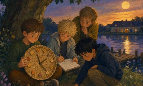 Vier jongens van ongeveer 10 jaar: Bram (kort bruin haar, taches de rousseur) zit links met de kleine strohorloge op schoot, geconcentreerd; Joris (onschuldig blond, rommelig haar, lichte jas) zit rechts van Bram en tekent golven en cirkels in een schrift; Sam (zwart haar, levendige ogen) hurkt voor de klok en krast patronen in de aarde met een stok; Koen (licht kastanjebruin haar, nieuwsgierig) staat achteraan met het hoofd schuin en hand bij de kin. Ze zitten onder een oude lindeboom bij een houten steiger aan een stille meer, zachte vochtige grasmat met wilde bloemen en platte stenen, in de verte een huis met meerdere deuren; schemerlucht met een lage zilveren maan en zachte reflecties op het water. De vier jongens verzamelen zich rond een stroklok: gevlochten wijzerplaat, cijfers van bloemetjesknopen, wijzers van twijgjes; ze luisteren zwijgend terwijl de klok lijkt te "spreken", met verwonderde gezichten, handen dicht bij het object en zichtbare adem in de koele lucht; intieme, rustige sfeer met maanlicht op het haar, tastbare strotexturen en zachte kleuren (oker, dennengroen, nachtelijk blauw, warme gele accenten).