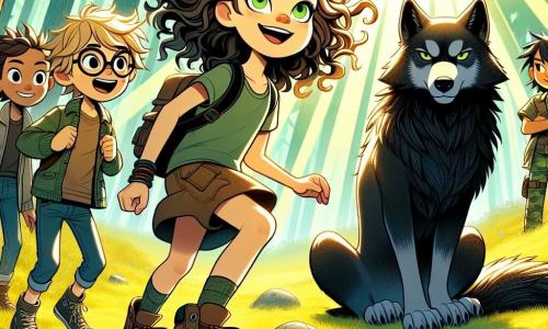 In het midden van de afbeelding staat een dappere 11-jarige meid genaamd Lydia, met krullend lichtbruin haar dat in de wind waait. Haar groene ogen stralen van opwinding en nieuwsgierigheid terwijl ze vastberaden naar een grote zwarte wolf met glanzende vacht kijkt, majestueus zittend op een open plek. Naast haar staat Max, een 12-jarige jongen met messy blond haar, die enthousiast glimlacht en Lydia aanmoedigt. Emma, een 11-jarig meisje met ronde brillen en steil haar, houdt een passer vast en kijkt aandachtig naar de scène, terwijl Finn, een 11-jarige jongen met bruin haar en camouflagekleding, zich iets naar voren leunt, gefascineerd door de ontmoeting. De setting is een zonnige open plek in het hart van een dicht bos, waar stralen licht door de bladeren van de bomen filteren en gouden patronen op de met mos bedekte grond creëren. Kleurrijke bloemen sieren de grond en voegen een vleugje magie toe aan de omgeving. De hoofdscène toont Lydia, vol moed, die tot de wolf spreekt, die zowel geïntrigeerd als vriendelijk lijkt, terwijl haar vrienden met bewondering toekijken, klaar om de waarheid over deze grote boze wolf te ontdekken.