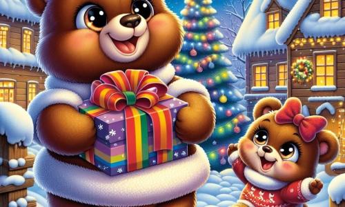 Un adorable oso pardo llamado Osvaldo, con grandes ojos brillantes y una sonrisa radiante, se encuentra en el centro de la escena, sosteniendo un regalo colorido con emoción. A su lado, su hermanita Otilia, una osa con un bonito lazo rojo en la cabeza, salta de alegría, sus ojos brillando de felicidad. El decorado es un encantador pueblo nevado, con casas de madera con techos cubiertos de nieve brillante, guirnaldas luminosas adornando las ventanas y un gran árbol de Navidad iluminado en el centro de la plaza. La escena captura el momento mágico en que Osvaldo y Otilia descubren un gran paquete bajo el árbol, rodeados de copos de nieve que caen suavemente del cielo, simbolizando la alegría y el espíritu navideño.
