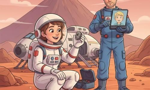 Astronauta Astrid, sonriente y maravillada, de rasgos suaves, piel clara y pelo castaño corto bajo un casco abierto, con traje espacial blanco con detalles rojos, está agachada sosteniendo un pequeño fósil gris en su mano enguantada, mirada brillante y postura tierna y orgullosa; el ingeniero Hugo, unos 35 años, cabello corto y barba rala, con traje azul, comprueba instrumentos portátiles junto a una caja de herramientas, de pie detrás de Astrid; en la pantalla de la tablet que sostiene Hugo aparece Lucas, un niño de unos 10 años, rubio y con una sonrisa asombrada; de fondo, llanuras marcianas rojizas con rocas y pequeñas dunas, un cielo rosado en el horizonte y un gran volcán oscuro, la cápsula blanca y gris con rampas y escaleras detrás; momento de descubrimiento con luz rasante del sol marciano y polvo fino levantado alrededor de las botas, ambiente de aventura sereno y alegre.