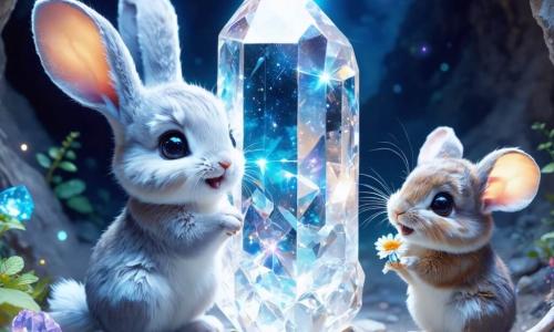 Ein kleiner Hase mit großen Ohren und weichem, seidigem, hellgrauem Fell, mit leuchtenden und neugierigen Augen, schaut bewundernd auf einen großen funkelnden Kristall im Zentrum einer magischen Höhle. Er zeigt intensive Freude, seine Vorderpfoten erhoben, als wäre er bereit, vor Glück zu springen. Neben ihm beobachtet eine kleine Maus mit braunem Fell, großen runden Augen und einem freundlichen Lächeln den Kristall bewundernd. Sie hält eine kleine bunte Blume in ihren Pfoten, was der Szene eine sanfte Note verleiht. Die Höhle ist erleuchtet von schimmernden Lichtern, die an den Wänden tanzen, geschmückt mit leuchtenden Pflanzen und funkelnden Edelsteinen, die im Dunkeln strahlen und eine zauberhafte Atmosphäre schaffen. Die Hauptsituation zeigt den kleinen Hasen und die Maus, die gemeinsam den verborgenen Schatz des Kristalls entdecken, was ihre Freundschaft und ihren Abenteuergeist symbolisiert, bereit, diese magische Welt um sie herum zu erkunden.