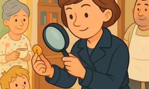 Een vrolijke geconcentreerde vrouwendetective met kort bruin haar en marineblauwe jas houdt met een vergrootglas een klein glanzend gouden knoopje tussen duim en wijsvinger — ze vond het in een oud archiefschrift in een open houten kasje; tante Noor (±70, grijs knotje, bloemenjurk) staat links met een kopje thee en glimlacht, de jongen Sam (±6, blond, gestreept t‑shirt) zit rechts op de grond bij een speelgoeddoos bij het raam en kijkt verbaasd, bakker Bram (±40, stevig, wit bebloemd schort) staat bij de keukendeur op de achtergrond; lichte gemeenschappelijke woning met licht eiken vloer, groot raam met lichte gordijnen, kleurrijke boekenplanken en een jas aan een haak, warme nieuwsgierige sfeer, heldere kleuren en zachte vormen.