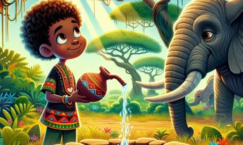 Kibo, un joven africano de unos 16 años, se encuentra al borde de un pozo sagrado, con el rostro radiante de determinación y esperanza. Tiene el cabello rizado y lleva un pagne tradicional de colores vibrantes, mientras sostiene una cantimplora de barro, lista para ser llenada de agua. A su lado, un elefante sabio y majestuoso observa a Kibo con ojos tiernos y benevolentes, con sus grandes orejas ondeando ligeramente en el cálido viento de la sabana. El lugar es una jungla exuberante, con árboles gigantes de troncos retorcidos y hojas de un verde brillante, mientras que los rayos de sol atraviesan el follaje, iluminando el suelo salpicado de flores coloridas. En la distancia, se pueden ver lianas colgantes y aves de plumajes brillantes que cantan alegremente. La escena principal muestra a Kibo cavando con determinación, su rostro concentrado y su cuerpo inclinado hacia el suelo, mientras un chorro de agua comienza a brotar de la tierra, creando un pequeño charco brillante a su alrededor.
