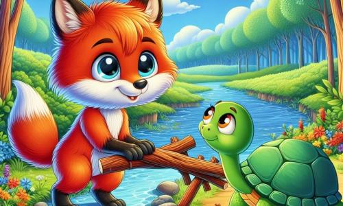 Un pequeño zorro de pelaje naranja brillante, sin cola, se encuentra al borde de un arroyo, con una mirada decidida y curiosa en su rostro. Está construyendo un puente con ramas y piedras, mostrando su ingenio y creatividad. Junto a él, una tortuga de caparazón verde brillante, con ojos dulces y una sonrisa alentadora, observa atentamente. Parece orgullosa de su amigo y lo anima con palabras de aliento. El escenario es un hermoso paisaje forestal, con árboles majestuosos de hojas verdes brillantes, un cielo azul claro salpicado de nubes blancas esponjosas y flores coloridas que bordean el arroyo brillante. La situación principal muestra al zorro y a la tortuga trabajando juntos para superar un obstáculo, ilustrando la importancia de la amistad y la colaboración ante los desafíos.