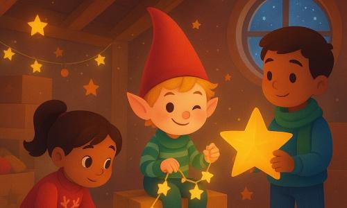 Hay tres personajes: una niña de 7 años, coletas castañas, suéter rojo con renos, ojos curiosos, agachada a la izquierda recogiendo una pequeña estrella adhesiva; un niño de 8 años, pelo castaño corto, bufanda verde y vaqueros, de pie a la derecha sosteniendo una gran estrella dorada y mirando al duende; un duende travieso, ~30 cm, piel rosada, pelo rubio despeinado, gorro rojo puntiagudo y traje verde a rayas, sentado en el centro sobre una caja de cartón, guiñando un ojo y sujetando una guirnalda de estrellas. Lugar: un desván cálido y abarrotado con vigas de madera, luces amarillas suaves, cajas de decoración apiladas, guirnaldas y estrellas pegadas en las paredes, polvo brillante flotando y una ventana circular con nieve afuera. Situación: los niños encuentran al duende al final de una búsqueda del tesoro; escena alegre y serena, muchas estrellas de colores flotando, atmósfera mágica y tonos cálidos.