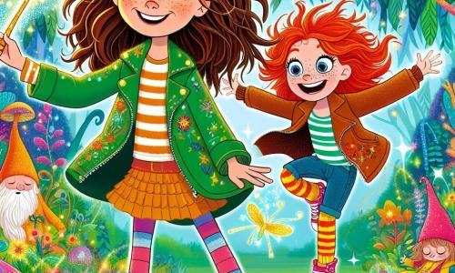 A 12-year-old girl, Lulu, with messy long brown hair and sparkling curious eyes, stands in the center of the image, a radiant smile on her face. She holds a shimmering magic spoon in her hands, surrounded by a glowing aura that evokes magic. Next to her, Tilly, a 12-year-old girl with bright red hair and freckles, jumps with excitement, arms raised and a big smile on her face. She wears a colorful, casual outfit full of cheerful patterns. In the background, Wiggly Woods is depicted with oddly shaped, brightly colored trees, their leaves dancing in the wind. Multicolored flowers and fantastic creatures, like sparkling fairies, add a touch of magic to the environment. The main scene shows Lulu and Tilly ready to escape Wiggly Woods, with sleeping gnomes in the background, their small bodies peacefully lying on giant leaves. The atmosphere is both humorous and fantastical, capturing the spirit of adventure and magic in the story.