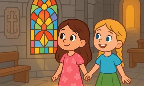 Há 2 personagens principais: - Lara: uma menina de 8 anos, com longos cabelos castanhos e olhos brilhantes. Ela usa um vestido rosa com flores e sandálias amarelas. Ela está à esquerda, olhando com curiosidade para uma porta de vidro colorido. - Sofia: uma menina de 7 anos, com cabelos loiros trançados e olhos azuis brilhantes. Ela veste uma camiseta azul e uma saia verde. Ela está à direita de Lara, segurando sua mão e mostrando a porta com um grande sorriso. O local da história é uma velha igreja, com paredes de pedra cinza e um grande vitral colorido que projeta luzes brilhantes no chão. Dentro, há bancos de madeira, uma atmosfera tranquila e uma suave luz dourada iluminando o corredor estreito que leva a uma porta misteriosa. A situação principal mostra Lara e Sofia descobrindo uma pequena porta de vidro colorido, cercada por desenhos antigos nas paredes. Elas estão maravilhadas e curiosas, prontas para abrir a porta e explorar o tesouro escondido atrás dela.