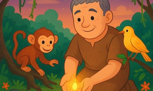 Un bărbat numit Pak Arya, cu fața rotundă și zâmbitoare, păr scurt cenușiu, îngenuncheat și senin, ține o sămânță luminoasă gata de plantat; o maimuțică roșcate, jucăușă, stă pe o rădăcină la stânga, iar o pasăre aurie numită Lindu, cu pene strălucitoare, e pe o creangă la dreapta; scena are loc pe un deal blând înconjurat de pădure verde, cer crepuscular violet-portocaliu și, după ce sămânța e așezată în pământ, o lumină aurie slabă iese din sol iar rădăcini luminoase încep să crească, creând o atmosferă de trezire magică și speranță.