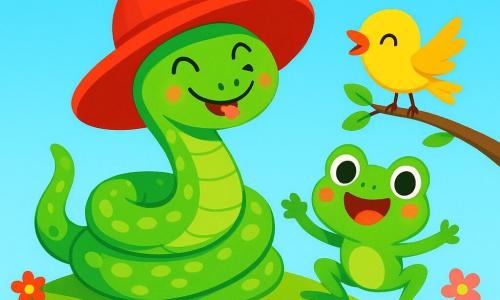 Sisi, una pequeña serpiente verde con escamas brillantes, está alegremente enroscada en un gran sombrero rojo, con una sonrisa traviesa en su rostro. Se encuentra en la cima de una colina soleada, rodeada de flores coloridas que bailan al viento. A su lado, una rana verde de ojos redondos y chispeantes salta con entusiasmo, lista para dar un salto. Un pequeño pájaro amarillo de plumas brillantes se posa en una rama cercana, cantando alegremente, con las alas abiertas como si aplaudiera. El escenario es una colina verde, salpicada de flores multicolores, bajo un cielo azul brillante con algunas nubes blancas y esponjosas. Sisi, en su sombrero, hace muecas divertidas, mientras que la rana y el pájaro la observan con expresiones de alegría, creando una escena llena de risas y felicidad.